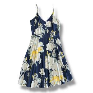 GAP Soft Fit‎ & Flare Dress S Navy Floral Yellow Rayon Summer Spaghetti Strap